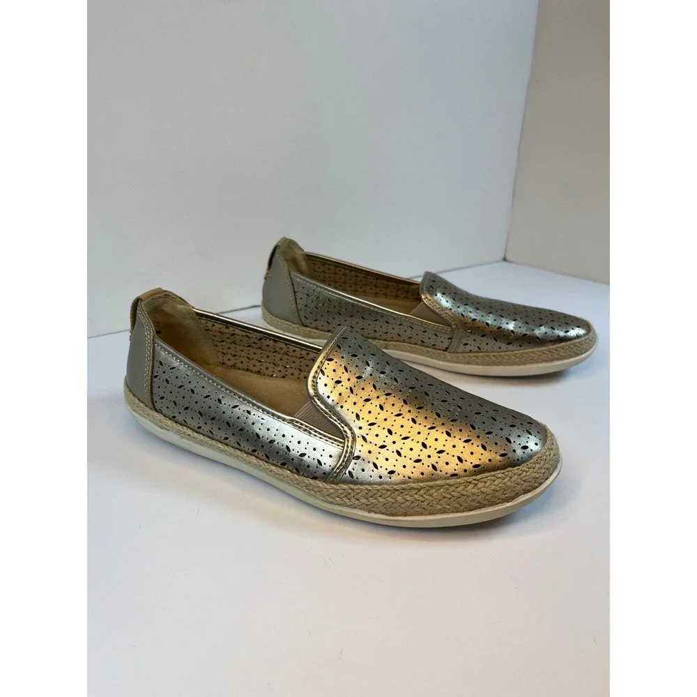 Earth Spirit‎ Womens Gold Metallic Laser Cut Espadrille Slip On Loafers Size 9